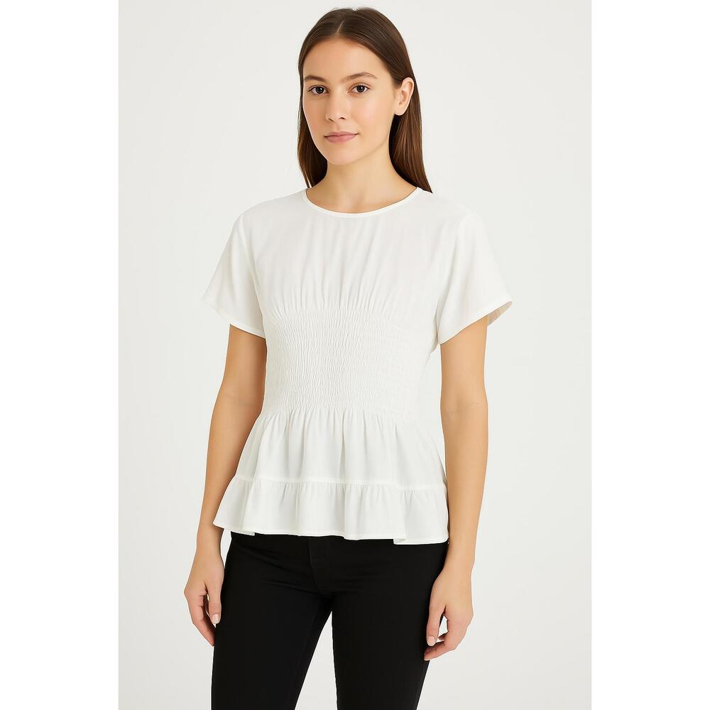 WAYF Blouse Womens White Short Sleeve Smocked Waist Round Neck Ruffled Hem